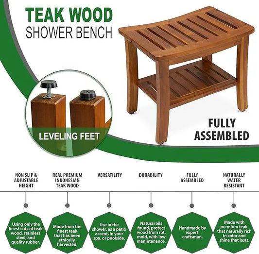 Teak Shower Bench 21 Inch, Fully Assembled Wood Bath Stool for Shower & Spa, The Hermod - ModernBath