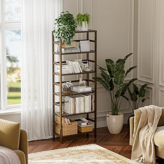 HITNET Bookcase, Bamboo Bookshelf, 6-Tier Adjustable Tall Open Book Shelf, Free Standing Storage Shelves Organizer, Flower Plant Display Stand, Walnut