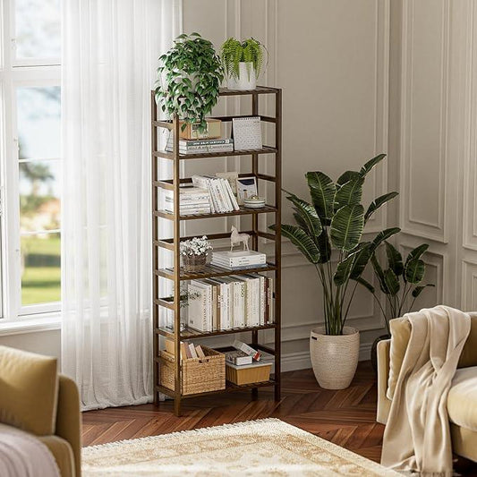 HITNET Bookcase, Bamboo Bookshelf, 6-Tier Adjustable Tall Open Book Shelf, Free Standing Storage Shelves Organizer, Flower Plant Display Stand, Walnut - ModernBath