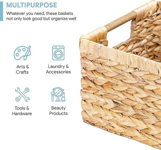 Large Wicker Basket Rectangular with Wooden Handles for Shelves, Water Hyacinth Basket Storage, Natural Baskets for Organizing, Wicker Baskets for Storage 14.5 x 10.3 x 7.5 inches - 3 Pack - ModernBath