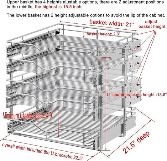 DINDON Pull Out Cabinet Organizer (22-1/2" W x 21-1/2"D), Cabinet Pull Out Shelves, 2 Tier Pull Out Drawers for Kitchen Cabinets, Wire Basket Slide Out Shelf, Pot and Pan Organizer - ModernBath