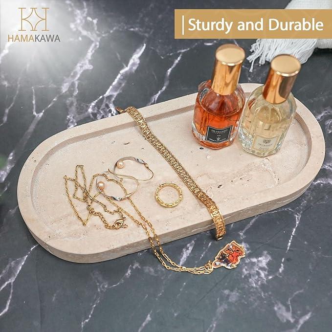 HAMAKAWA Bathroom Vanity Tray, Natural Marble Oval Sink Tray 10 inch, Beige Travertine Vanity Tray for Soap Dispenser Modern Countertop Organizer for Kitchen Countertops, Home Decor - ModernBath