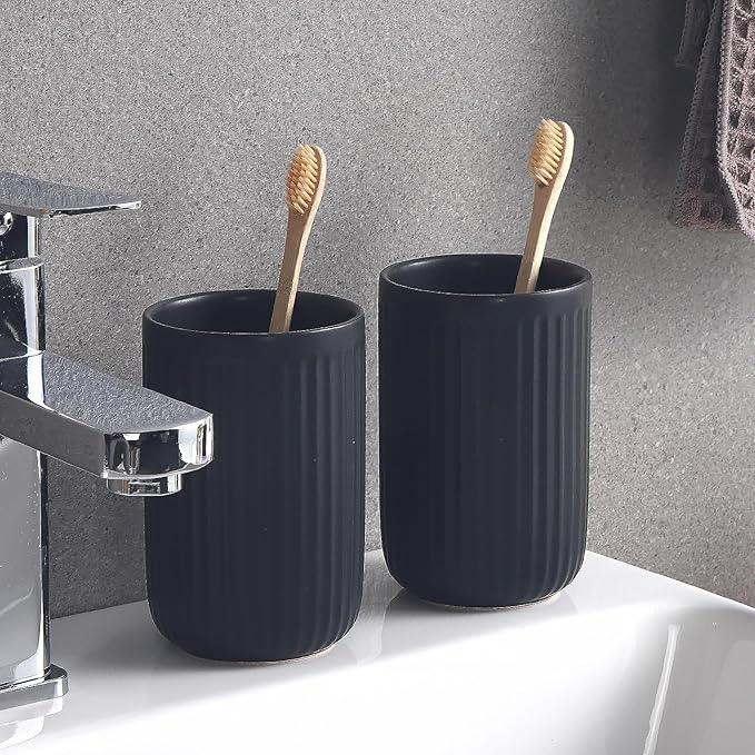 Matte Black Toothbrush Holders for Bathrooms - Ceramic Toothbrush Toothpaste Holders Set, Black Bathroom Tumbler Cups Reusable Toothbrush Cup Black Mouthwash Cup, Bathroom Counter Organizer. - ModernBath
