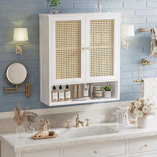 Bathroom Wall Cabinet, Bamboo Over-The-Toilet Storage Organizer with 2 Rattan Doors and Adjustable Shelf, Space Saver Medicine Cabinet for Laundry, Kitchen, Living Room (White)