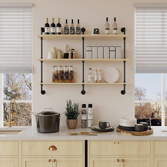 3-Tier Industrial Pipe Floating Shelf – Rustic 60 inch Wood Wall-Mounted Storage Shelf for Kitchen Office,Bathroom & Home Decor -White Oak - ModernBath