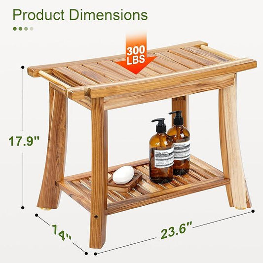 24" Solid Teak Shower Bench with Towel Bar & Storage Shelf - Waterproof Bath Stool with Fixed Non-Slip Feet, 300lbs Capacity, Natural - ModernBath