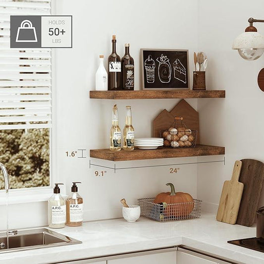 Vivelove 24 inchs Bathroom Floating Shelves for Wall, 9.1” Deep x 1.6” Thick Wall Shelves for Bedroom, Living Room, Kitchen, Office, Rustic Farmhouse Shelf Decor with Invisible Bracket, Set of 2 - ModernBath