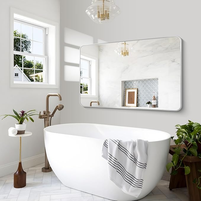 BONEWEI Silver Bathroom Mirror,55x36 inch Wall Mirror for Bathroom Wall Mounted,Rectangle Mirror for Bathroom Over Sink,Modern Frame Round Corner for Living Room,Bedroom Entryway,Horizontal/Vertical