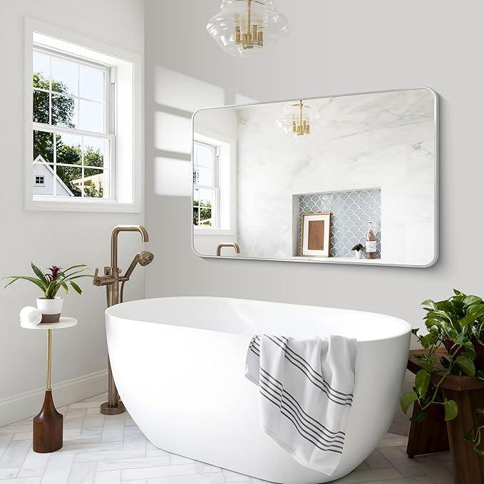 BONEWEI Silver Bathroom Mirror,55x36 inch Wall Mirror for Bathroom Wall Mounted,Rectangle Mirror for Bathroom Over Sink,Modern Frame Round Corner for Living Room,Bedroom Entryway,Horizontal/Vertical - ModernBath