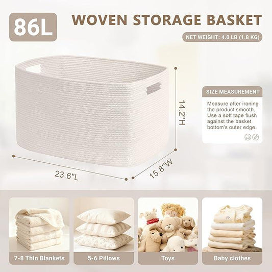 86L Large Baby Girls Laundry Basket for Nursery Storage,Cute Woven cotton Rope Baskets for Kids Toy,Gifts, Boho Square Wicker Blanket hamper for Living Room,Bedroom Dirty Clothes, White - ModernBath