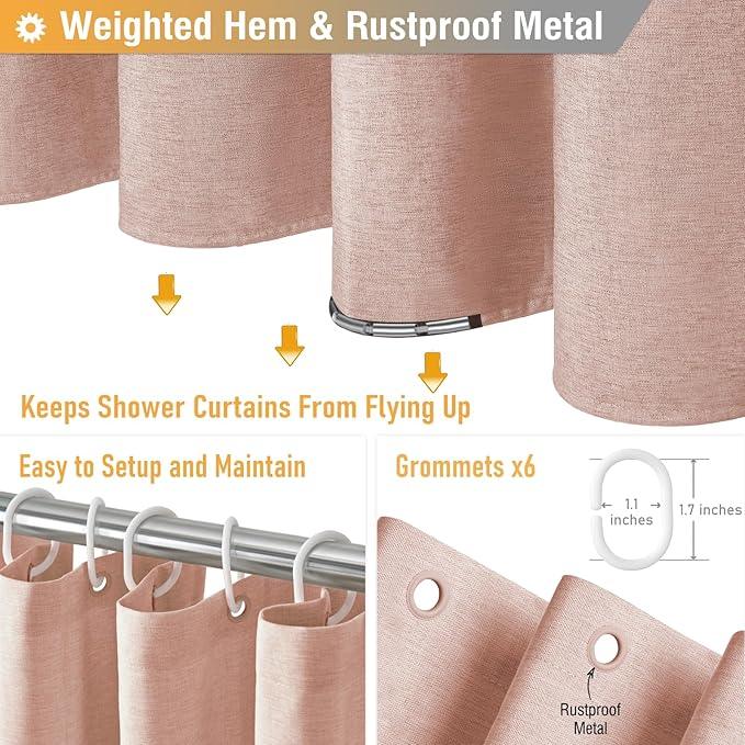 BTTN Stall Fabric Shower Curtain - 36x72 Inch Narrow Linen Textured Heavy Duty Shower Curtain Set with 6 Plastic Hooks, Half Neutral Minimalist Waterproof Shower Curtains for Bathroom - Blush Pink - ModernBath