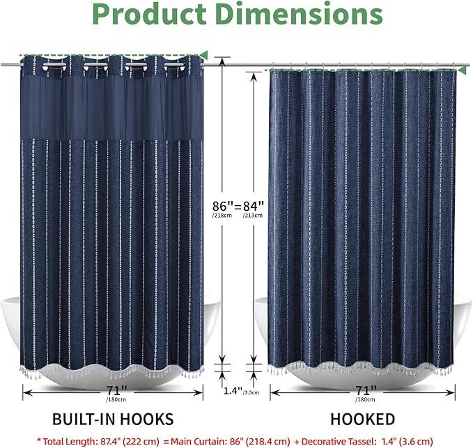 eachope No Hook Extra Long Shower Curtain Set with Snap-in Liner,Linen Textured Thick Striped Fabric with Tassels,Boho Chic Modern Farmhouse Bathroom Curtain,Water-Repellent,Navy Blue,71x86 - ModernBath
