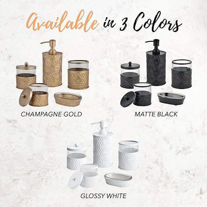 Autumn Alley White Bathroom Accessories Set, 5 Pieces, Bathroom Decor - Soap Dispenser Bathroom/Lotion Dispenser, Toothbrush Holder, 2 Glass Apothecary Jars (Qtip Holder), Soap Holder - ModernBath