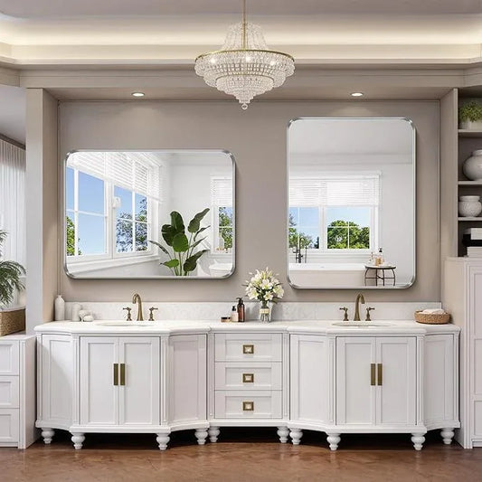 FORBATH 48x40 Inch Large Bathroom Mirror, Brushed Silver Deep Frame Wall Mirror with Rounded Corners, Anti-Rust Tempered Glass for Modern Farmhouse Vanity (Horizontal/Vertical) - ModernBath