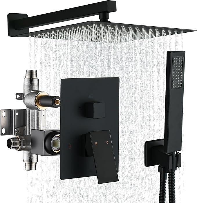 Fransiton Shower Faucet set with Shower head 10 Inches Rainfall Shower Head and Handle Set Single Handle Wall Mounted Shower System Set with Female Threads Valve Body(Matte Black) - ModernBath