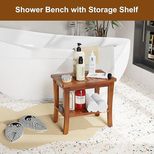 Large Teak Wood Shower Bench Stool with Storage Shelf Wooden Teak Bench for Shower Seat Chair for Inside Shower Waterproof Teakwood Shower Bench Bathroom Spa Bathing Shower Stool with Non-Slip Feet - ModernBath
