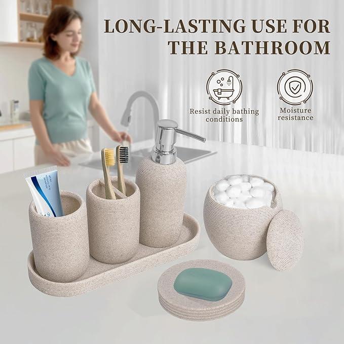 Bathroom Accessory Set, 6PCS Beige Bathroom Accessories - Soap Dish, Lotion Dispenser, Toothbrush Holder, Mouthwash Cup, Tray, Cotton Ball Jar, Aesthetic Decor Bathroom Sets - ModernBath