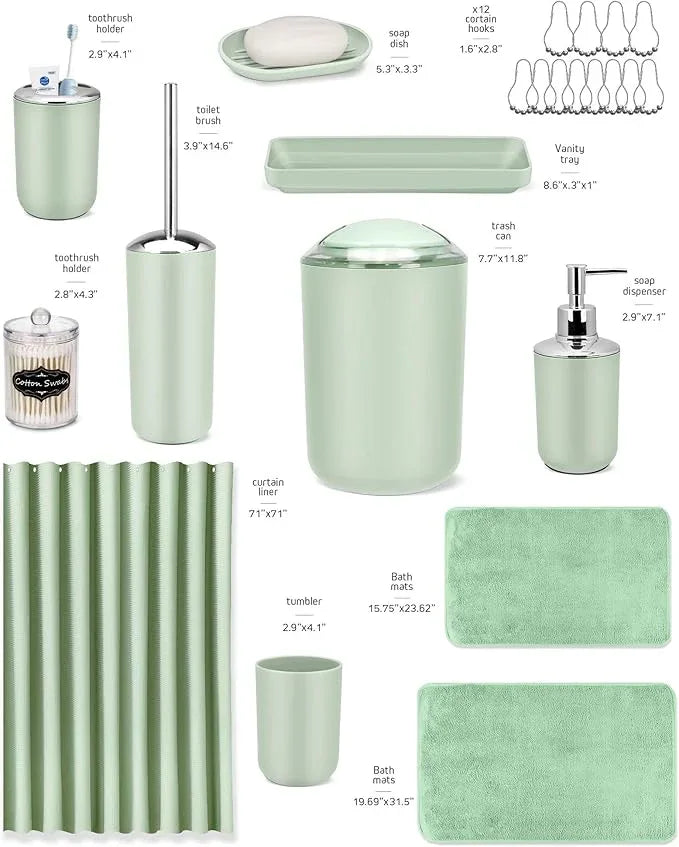 IMAVO Green Bathroom Accessories,Non Slip Super Absorbent Rugs and Waterproof Shower Curtain with Hooks,Complete Bathroom Set for Bathroom Décor - ModernBath