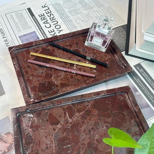 OAIQNUJ Natural Red Marble Vanity Tray, 9.8"x5.9" Genuine Marble Tray for Bathroom/Kitchen/Dresser (Rosso Levanto) - ModernBath