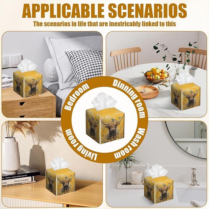 Highland Cow Floral Tissue Box Cover 2PCS, Bird Leather Tissue Box Holder Square Facial Paper Case Tissue Box Cube Organizer for Bathroom Bedroom Desk Office - ModernBath