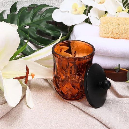 ZIVQEXMURL Qtip Holder,10 Oz Amber Glass Apothecary Jars with Matte Black Lids for Bathroom Organization & Desk Storage,Thick Glass Apothecary Jars for Q-Tips,Cotton Rounds, Jewelry,Candy,Round - ModernBath