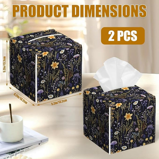 Wildflower Herb Tissue Box Cover 2PCS, Purple Flower Leather Tissue Box Holder Square Facial Paper Case Tissue Box Cube Organizer for Bathroom Bedroom Desk Office