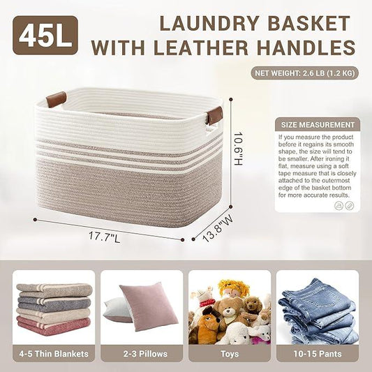 45L Small Laundry Basket with Leather Handles for Living Room Storage, Woven Rope Baskets Bin for Blanket, Kids Toy, Gifts, Wicker Hamper for Bedroom Dirty Clothes, 18"x14"x11" White Brown - ModernBath