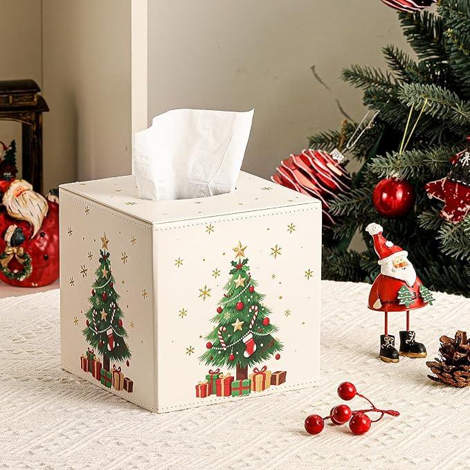 Luxspire Christmas Tissue Box Cover, 5.51" Square Tissue Box Cover with Magnetic Closure, Tissue Box Holder Christmas Decor for Living Room Bedroom Countertop Cars Hotels, Christmas Tree - ModernBath