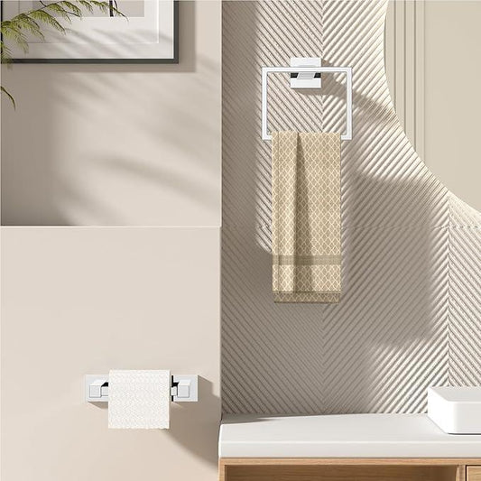 FORIOUS Toilet Paper Holder Set Wall Mount, SUS 304 Stainless Steel Pivoting Toilet Paper Holder and Towel Ring, Hand Towel Holder Set for Bathroom, Square Bathroom Hardware Set, Chrome - ModernBath