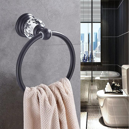 WINCASE Crystal Towel Ring, Black Hand Towel Holder, Bathroom Round Towel Hanger Racks Wall Mount Matte Black