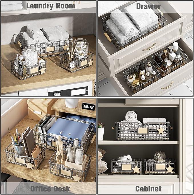 Bathroom Tray Organizers and Storage, 3 Pack Storage Baskets with Wooden Handles, Multipurpose for Bathroom, Coffee Bar, Kitchen cabinet, Living Room - Grey - ModernBath
