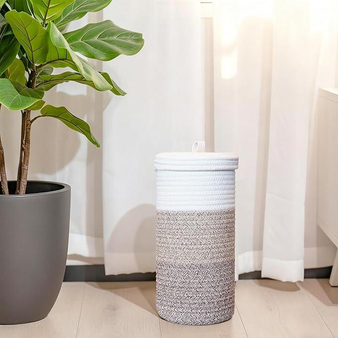 Toilet Paper Holder Handmade – Woven Toilet Paper Stand & Storage Basket with Lid, Freestanding Organizer for Bathroom, Cotton Fits 3 Rolls Gradient Brown - ModernBath