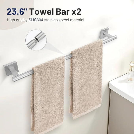 10 Pieces Bathroom Hardware Set Brushed Nickel Towel Bar Set Includes 23.6” Towel Bar, Towel Ring Holder, Toilet Paper Holder and Two Towel Hooks, Bathroom Accessories Set SUS304 Wall Mounted - ModernBath