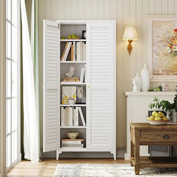 74" H Kitchen Pantry Storage Cabinet, Metal Storage Cabinets with 5 Adjustable Shelves for Kitchen Bathroom Living Room, Required Assembly, White - ModernBath