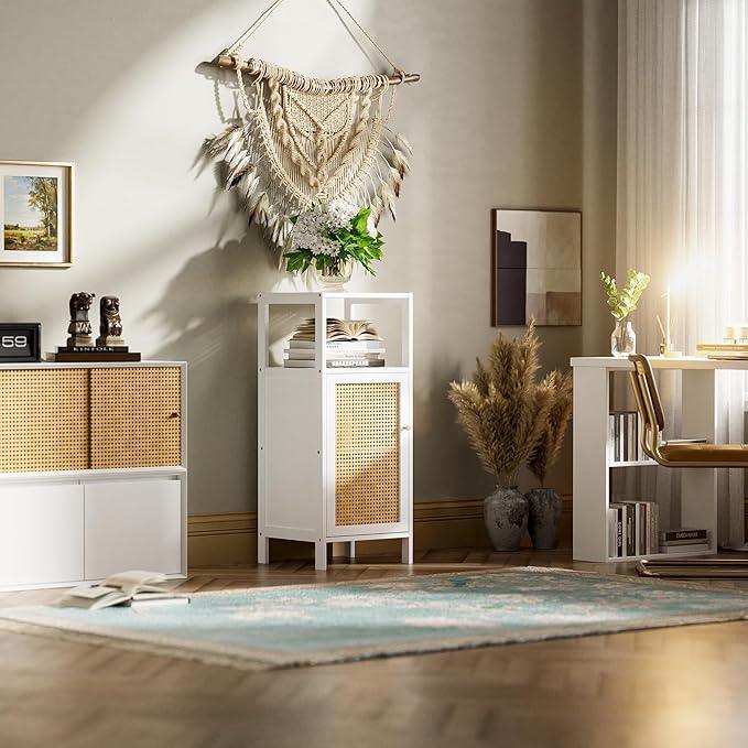 HITNET Bamboo Cabinet, Bathroom Storage Cabinet with Rattan Doors, Narrow Side Storage Organizer Freestanding Floor Cupboard for Small Space, White - ModernBath