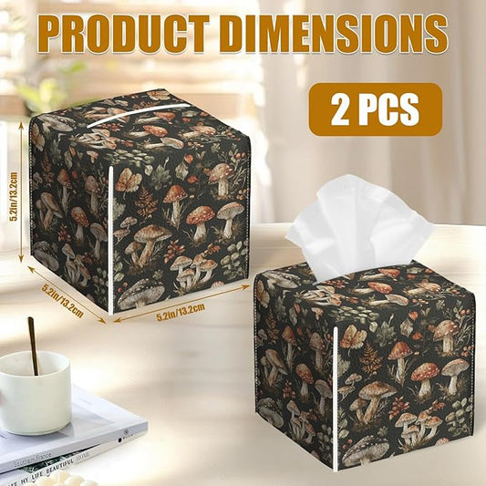 Vintage Mushroom Tissue Box Cover 2PCS, Leather Tissue Box Holder Square Facial Paper Case Tissue Box Cube Organizer for Bathroom Bedroom Desk Office
