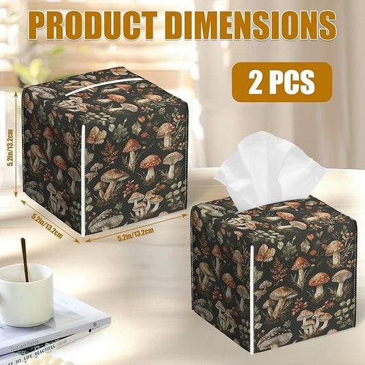 Vintage Mushroom Tissue Box Cover 2PCS, Leather Tissue Box Holder Square Facial Paper Case Tissue Box Cube Organizer for Bathroom Bedroom Desk Office - ModernBath