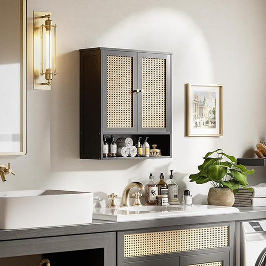 HITNET Wall Cabinet, Bamboo Medicine Cabinet with Rattan Doors and Adjustable Shelf, Bathroom Hanging Storage Organizer Over Toilet for Small Space (Black)