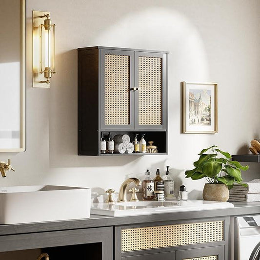 HITNET Wall Cabinet, Bamboo Medicine Cabinet with Rattan Doors and Adjustable Shelf, Bathroom Hanging Storage Organizer Over Toilet for Small Space (Black) - ModernBath