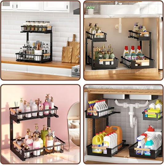 Under Sink Organizer 2-Pack Pull out Cabinet Organizer 2 Tier Metal Shelf Undersink Rack for Kitchen Bathroom Pantry Cabinet Organization and Storage, Black - ModernBath