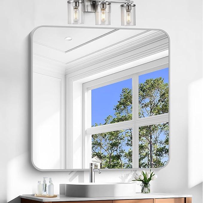 CIVENO Silver Bathroom Mirror, 42 x 42 Inch Silver Square Mirror, Metal Framed Rectangular Vanity Mirror, Rounded Corner Wall Mounted Mirror for Living Room Bedroom Entryway Hangs Horizontal/Vertical - ModernBath