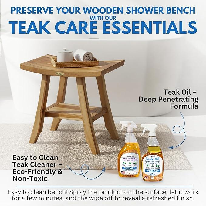 EcoDecors 18" Satori Teak Shower Bench –Compact Bath Seat, Natural Wood Finish Water-Resistant Spa Bench | Slatted Design & Adjustable Feet for Indoor Outdoor Use | Storage Shelf - ModernBath