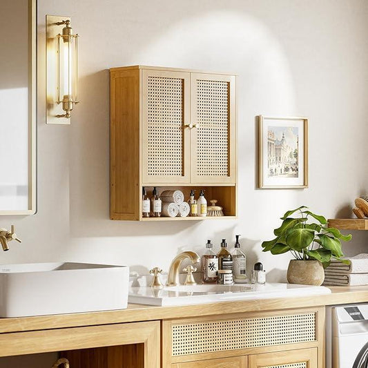 HITNET Bathroom Cabinet Wall Mounted, Rattan Medicine Cabinet, Bamboo Hanging Storage Organizer Over The Toilet with Adjustable Shelf for Living Room, Kitchen, Entryway (Natural) - ModernBath