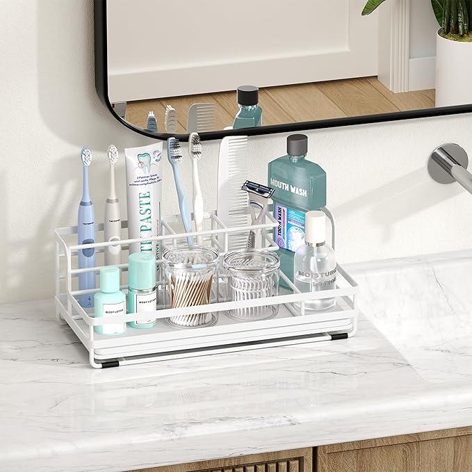 HapiRm Toothbrush Holders for Bathroom - 5 Partitions Bathroom Counter Organizer with Instant Drying Stone, Stainless Steel Countertop Storage Electric Toothbrush Toothpaste Holder - White - ModernBath