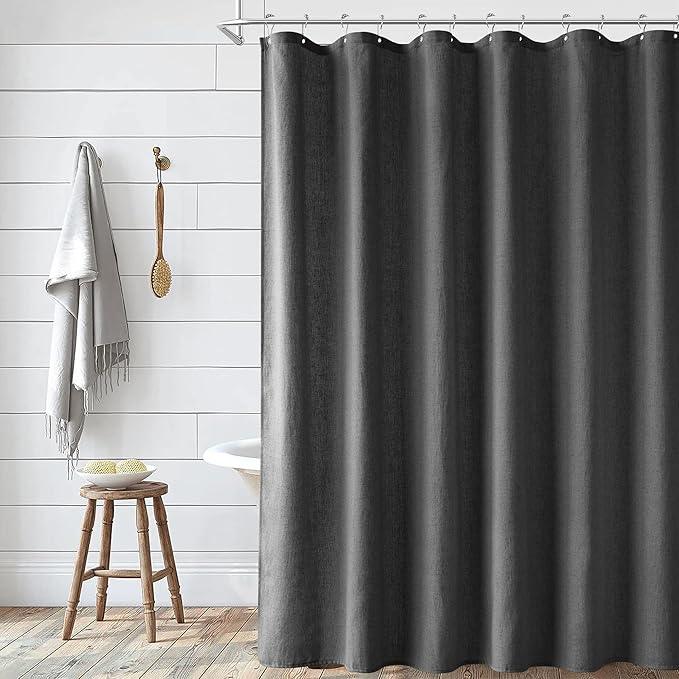 Naturoom Dark Grey Linen Shower Curtain, Country Boho Farmhouse Bath Decor Shower Curtains Neutral Cloth Weighted Textured Fabric Bath Curtain Liner with Hooks, 72x84 - ModernBath