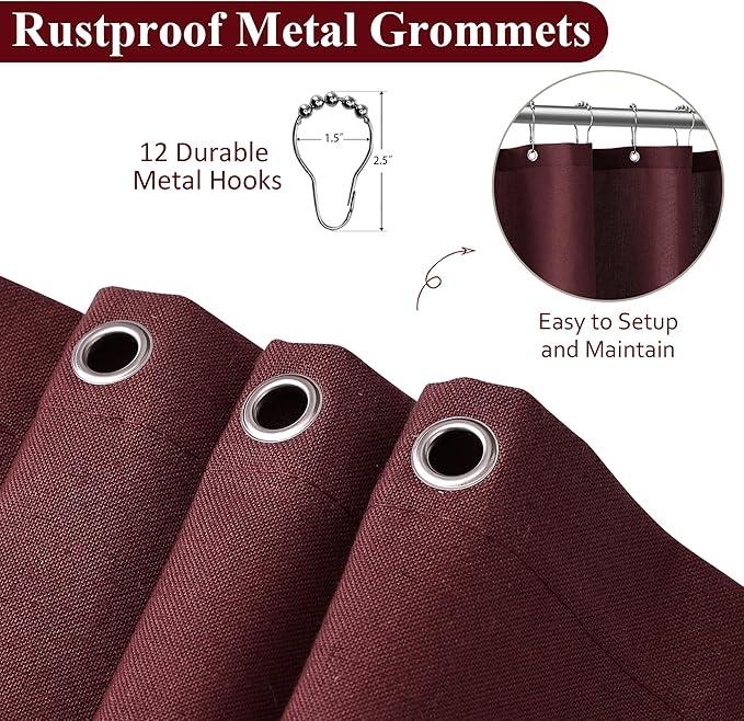 Naturoom Burgundy Linen Shower Curtain, Country Boho Farmhouse Bath Decor Shower Curtains Neutral Cloth Weighted Textured Fabric Bath Curtain Liner with Hooks, 72x84 - ModernBath