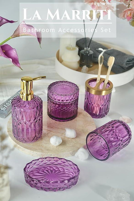 LaMarriti Purple Bathroom Accessories Set, 5Pcs Clear Glass Bathroom Set, Soap Dispenser, Toothbrush Holder Set, Soap Dish, Qtip Holder, Tumbler for Vintage Crystal Bathroom Decor, Gift Set (Violet) - ModernBath