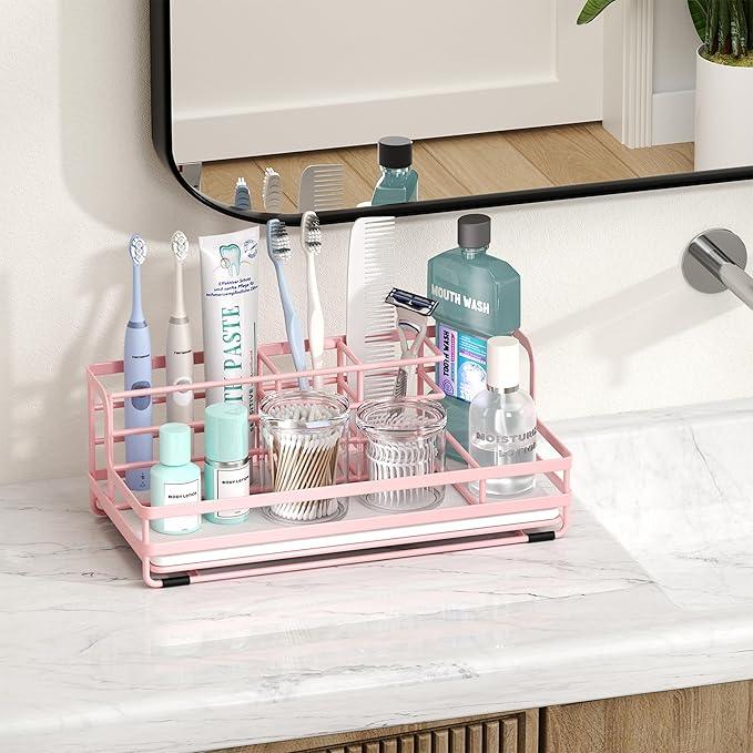 HapiRm Toothbrush Holders for Bathroom - 5 Partitions Bathroom Counter Organizer with Instant Drying Stone, Stainless Steel Countertop Storage Electric Toothbrush Toothpaste Holder - Pink - ModernBath