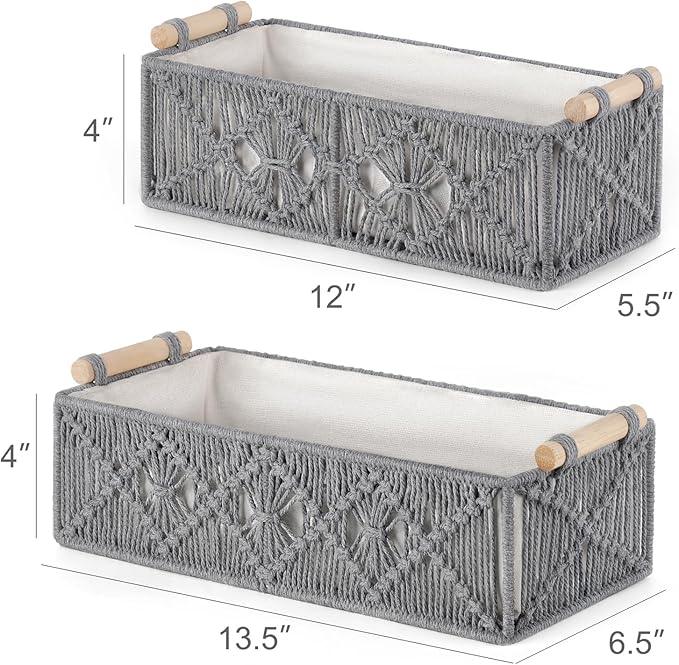 Mkono Macrame Storage Baskets Boho Decor Box Handmade Woven Decorative Countertop Toilet Tank Shelf Cabinet Organizer for Bedroom Livingroom Home, Set of 2, Grey - ModernBath