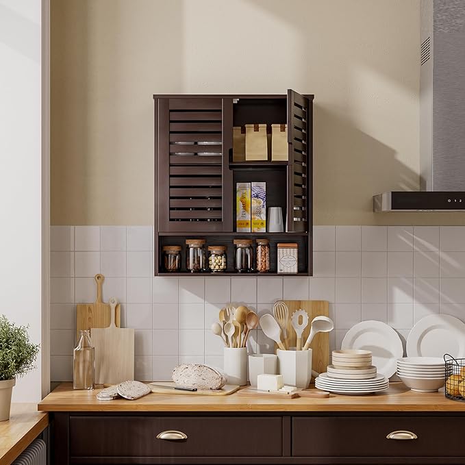 SMIBUY Bathroom Cabinet Wall Mounted, Bamboo Over-The-Toilet Storage Organizer, Space Saver Medicine Cabinet with 2 Door and Adjustable Shelves (Dark Brown)